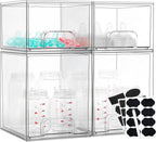 Baby Bottle Organizer, 4 Pack Bottle Storage Organizer Baby with Labels, Clear Stackable Storage Drawers for Bottles, Nipples, Pump Parts, Bottle Station Organizers for Countertop and Cabinet