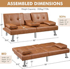 Yaheetech Convertible Sofa Bed Adjustable Couch Sleeper Modern Faux Leather Home Recliner Reversible Loveseat Folding Daybed Guest Bed, Removable Armrests, Cup Holders, 3 Angles, 772lb Capacity, Brown