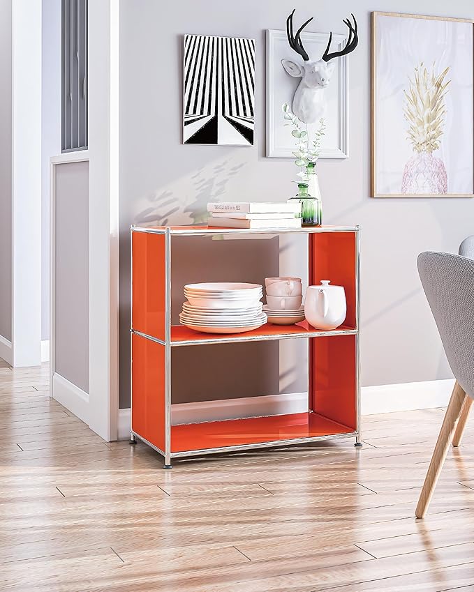 32-Inch 2-Tier Metal Bookcase, Open Shelf Storage Organizer for Living Room, Bedroom, Side Table or Nightstand Use, Modern DIY Assembly, Orange