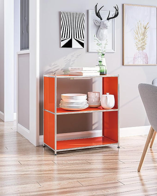 32-Inch 2-Tier Metal Bookcase, Open Shelf Storage Organizer for Living Room, Bedroom, Side Table or Nightstand Use, Modern DIY Assembly, Orange