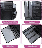 Desk Organizers and Accessories with File Holder, 5-Tier Paper Letter Tray Organiser with Drawer and 2 Pen Holder, Mesh Desktop Document Organizer for Office Supplies, Workspace - Black