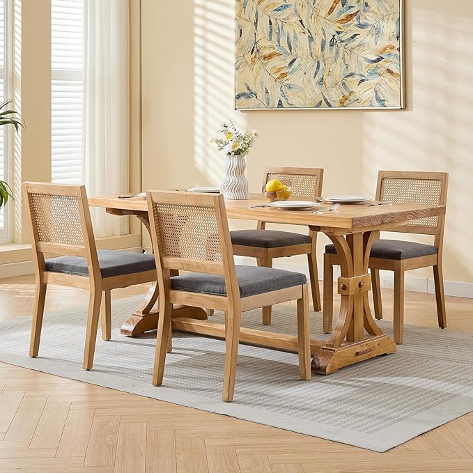 French Country Dining Chairs Set of 6, Grey Kitchen & Dining Room Chairs Set of 6, Rattan Dining Chairs, Cane Low Back, Wood Legs, Sillas De Comedor (Rattan, Gray, 6Pcs)
