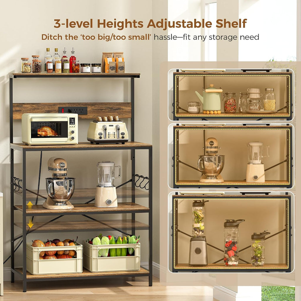VUSIGN Kitchen Bakers Rack with Power Outlet, 31.5 Inch Coffee Bar Station with 6 S Hooks, 4 Tiers Microwave Stand with Storage, Kitchen Stand for Pots/Pans/Spices, Rustic Brown