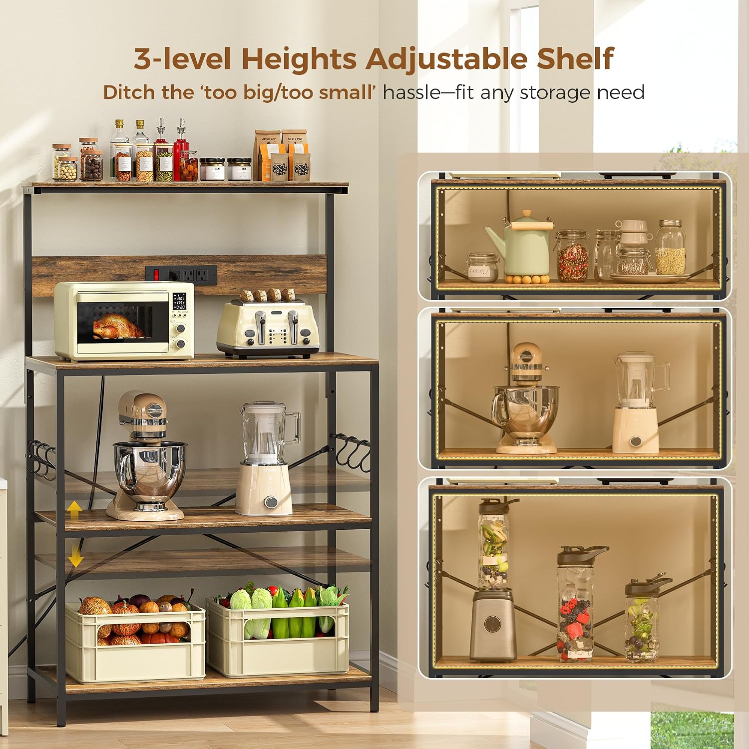 VUSIGN Kitchen Bakers Rack with Power Outlet, 31.5 Inch Coffee Bar Station with 6 S Hooks, 4 Tiers Microwave Stand with Storage, Kitchen Stand for Pots/Pans/Spices, Rustic Brown