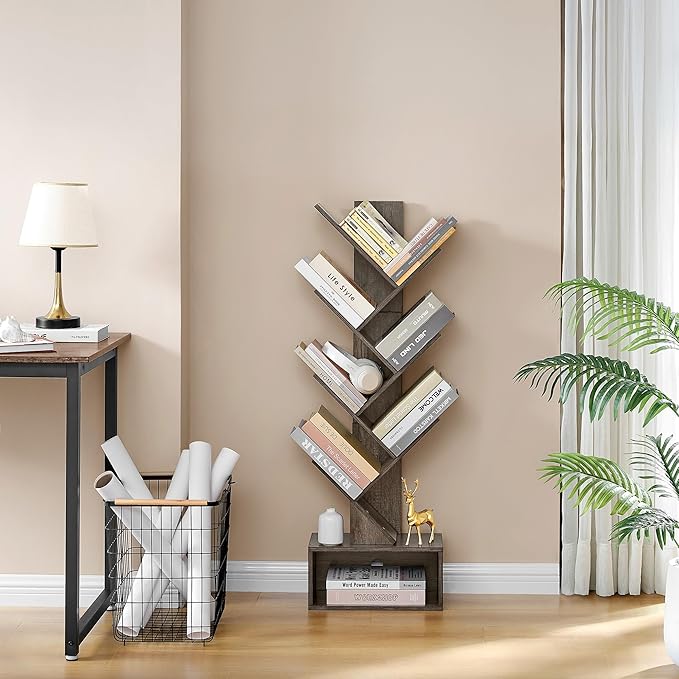 Hoctieon 6 Tier Tree Bookshelf, Tall Bookcase with Drawer, Freestanding Book Shelf, Display Floor Standing Storage Shelf, Book Organizer Shelves for Home Office, Living Room, Bedroom, Grey
