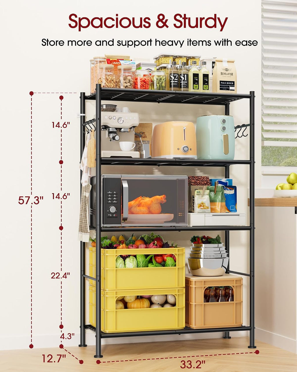 Sakugi Storage Shelves - 4-Tier Spacious Shelf Organizer with Hooks & Leveling Feet, Easy to Assemble, Rust-Resistant Garage Shelving for Kitchen, Pantry, Bedroom, 33.2" x 12.7" x 57.3", Black