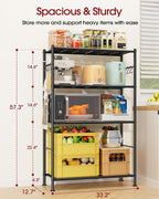 Sakugi Storage Shelves - 4-Tier Spacious Shelf Organizer with Hooks & Leveling Feet, Easy to Assemble, Rust-Resistant Garage Shelving for Kitchen, Pantry, Bedroom, 33.2" x 12.7" x 57.3", Black