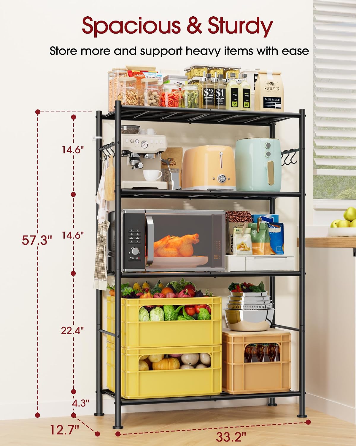 Sakugi Storage Shelves - 4-Tier Spacious Shelf Organizer with Hooks & Leveling Feet, Easy to Assemble, Rust-Resistant Garage Shelving for Kitchen, Pantry, Bedroom, 33.2" x 12.7" x 57.3", Black