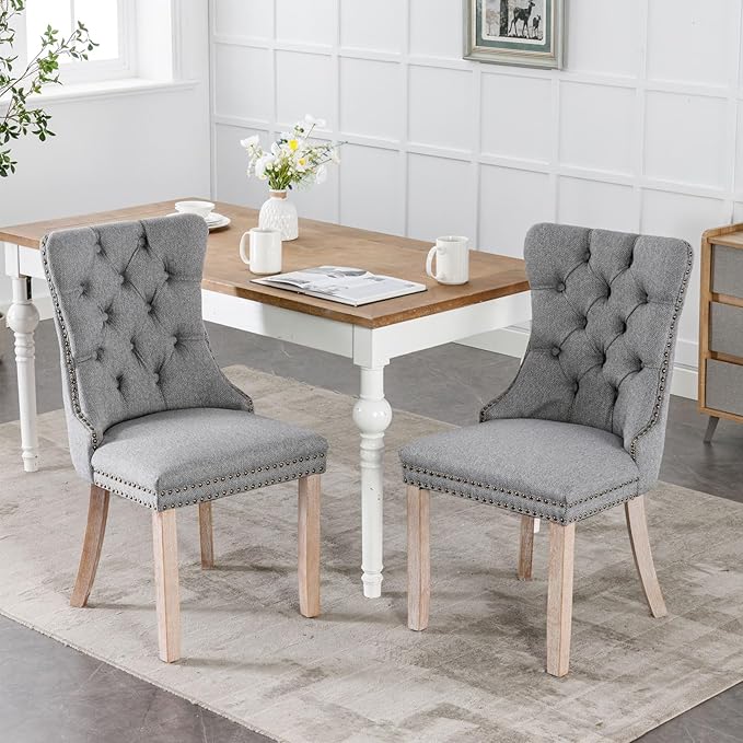 Dining Chairs Set of 6, Upholstered Tufted Linen Fabric Dining Room Chairs with High Back, Nailhead Trim and Solid Wood Legs, Modern Dining Chair for Dining Room, Kitchen(Grey)