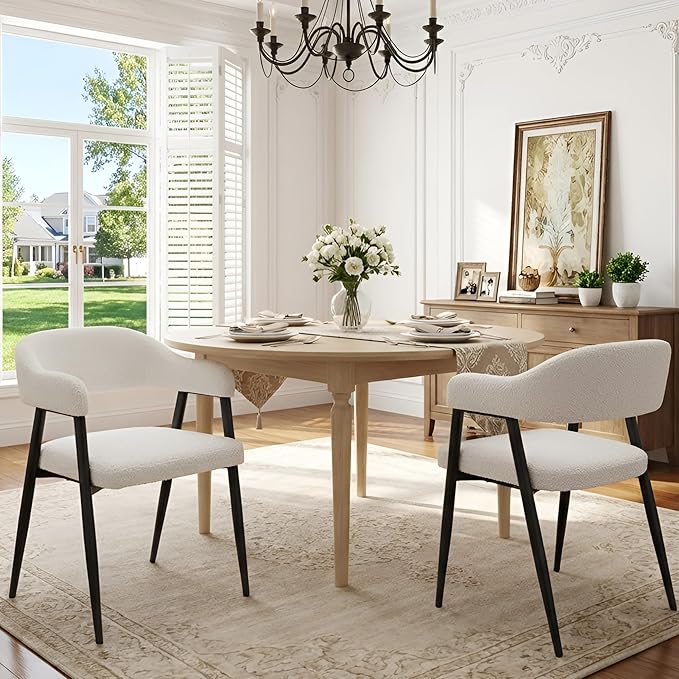 HNY Modern Dining Room Arm Chairs Set of 2, Mid-Century White Faux Sherpa Boucle Upholstered Barrel Dining Chairs with Arms, Black Metal Legs, Open-Back Kitchen Side Chair for Living Room