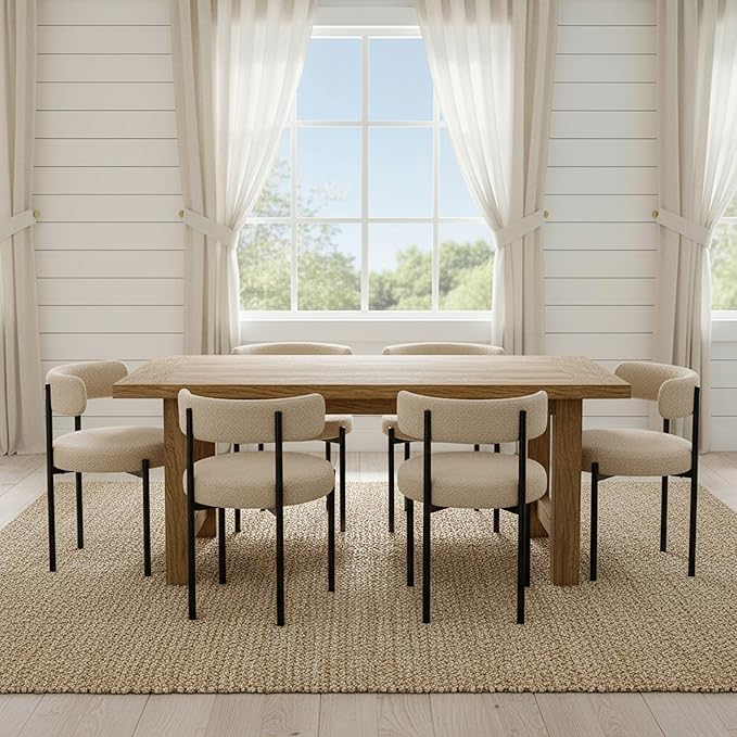Boucle Dining Chairs Set of 2, Beige Dining Chairs with Upholstered Seat and ...
