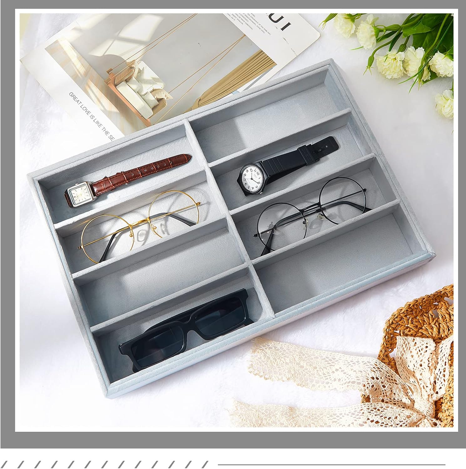Amylove 2 Pcs Sunglass Organizer Trays Glasses Stackable Jewelry Trays Sunglass Organizer Display Box(8 Grids,Gray)