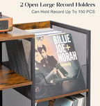 Large Record Player Stand Table with Vinyl Record Holder Up to 150PCS, AV Media Stand Stereo Cabinet Shelf Rack Tower with Storage, Sturdy, Adjustable Feet, Rustic, Large Capacity