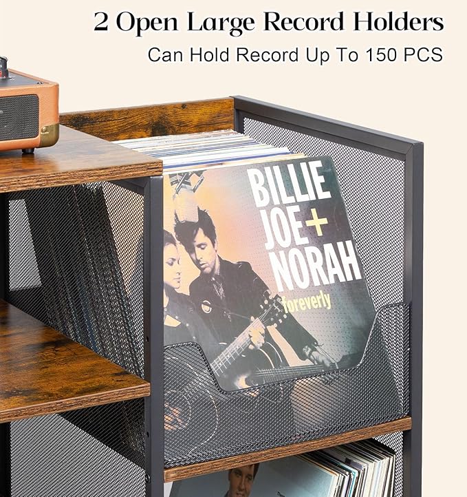 Large Record Player Stand Table with Vinyl Record Holder Up to 150PCS, AV Media Stand Stereo Cabinet Shelf Rack Tower with Storage, Sturdy, Adjustable Feet, Rustic, Large Capacity