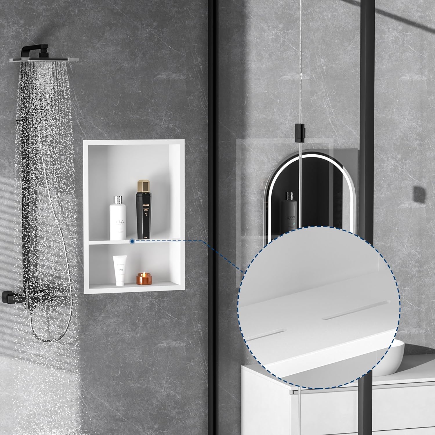 Stainless Steel Shower Niche 18" X 12", No Tile Needed Wall Niche Double Shelves, Recessed Shower Shelf for Bathroom Storage, Matte White