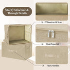 ANMINY Fabric Storage Bins with Zipper Lids, 18"x14"x10", Beige, 2 PCS | 43.6Qt Cotton Linen Storage Box, PP Board Frame, Washable Collapsible, with Handles & 3-side Open Lid, Stackable, Large