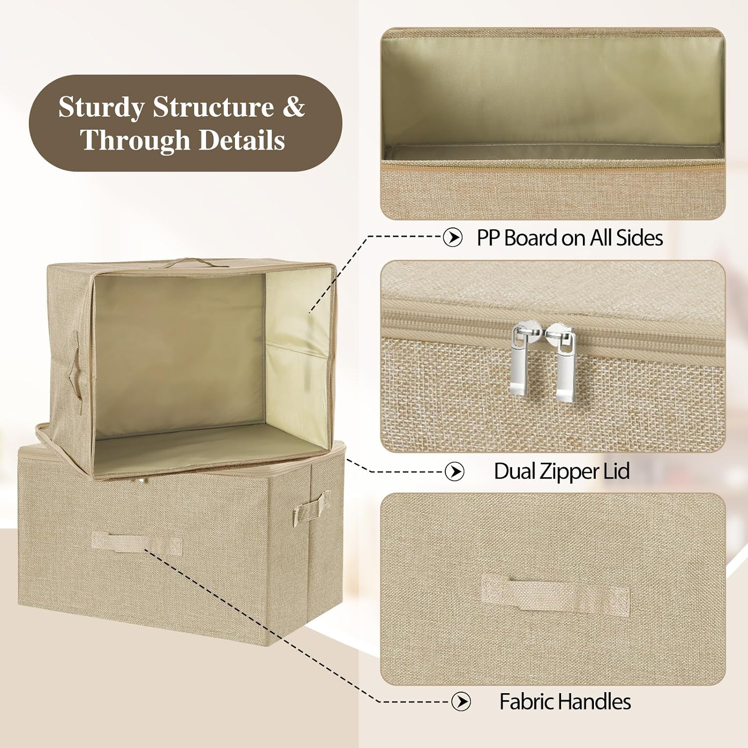 ANMINY Fabric Storage Bins with Zipper Lids, 18"x14"x10", Beige, 2 PCS | 43.6Qt Cotton Linen Storage Box, PP Board Frame, Washable Collapsible, with Handles & 3-side Open Lid, Stackable, Large