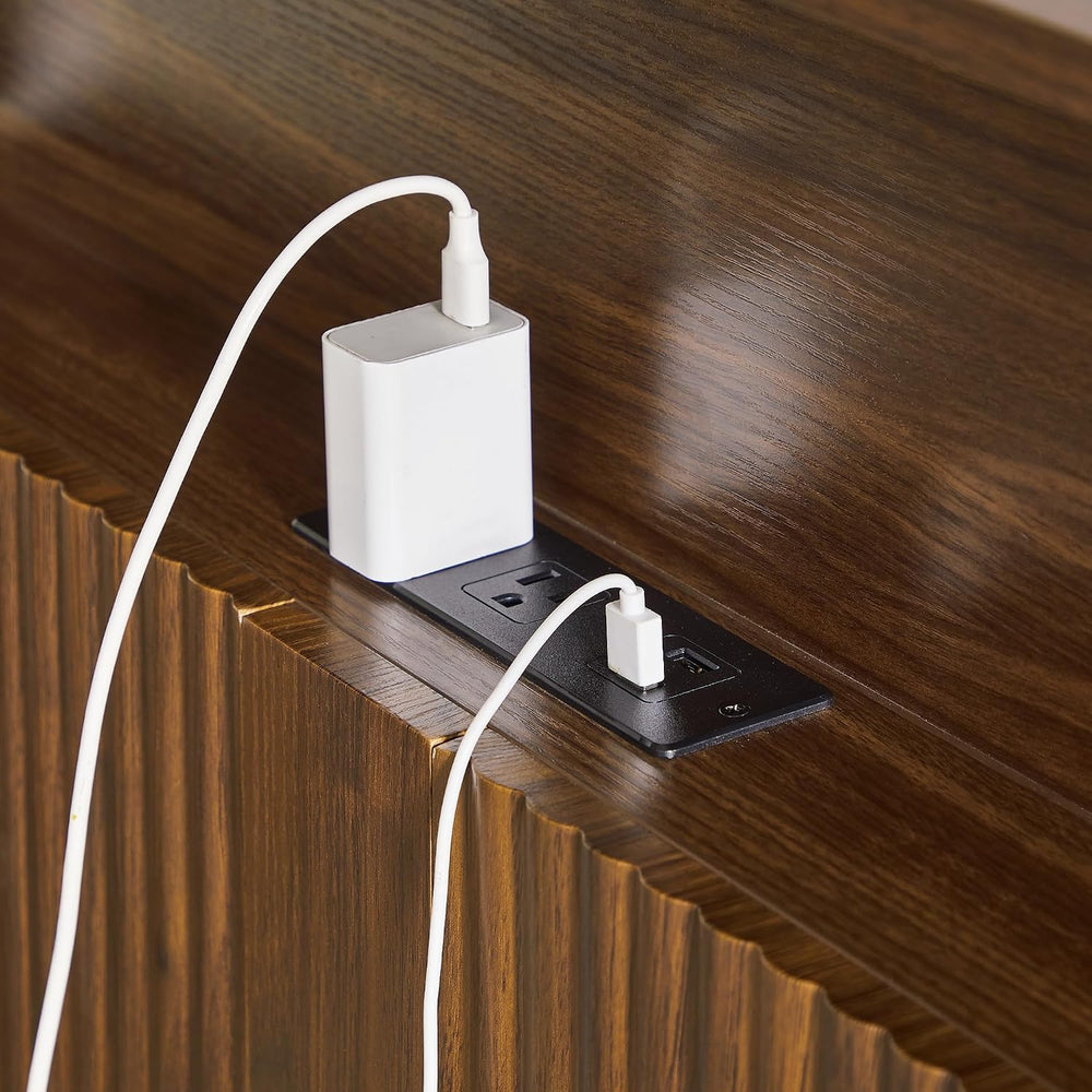 Peanu Queen Bed Frame, Wave Headboard, Charging Station Walnut