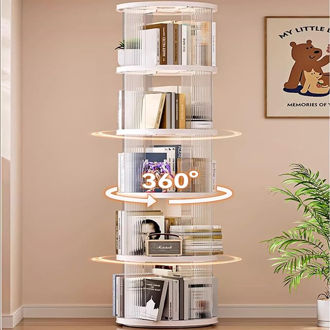 Rotating Bookshelf Tower, 360-Degree Rotating Bookshelves, Small-Space Corner Spinning Bookshelf, Revolving Bookcase Suitable for Bedrooms, Living Rooms, Studies and Offices (Round，White