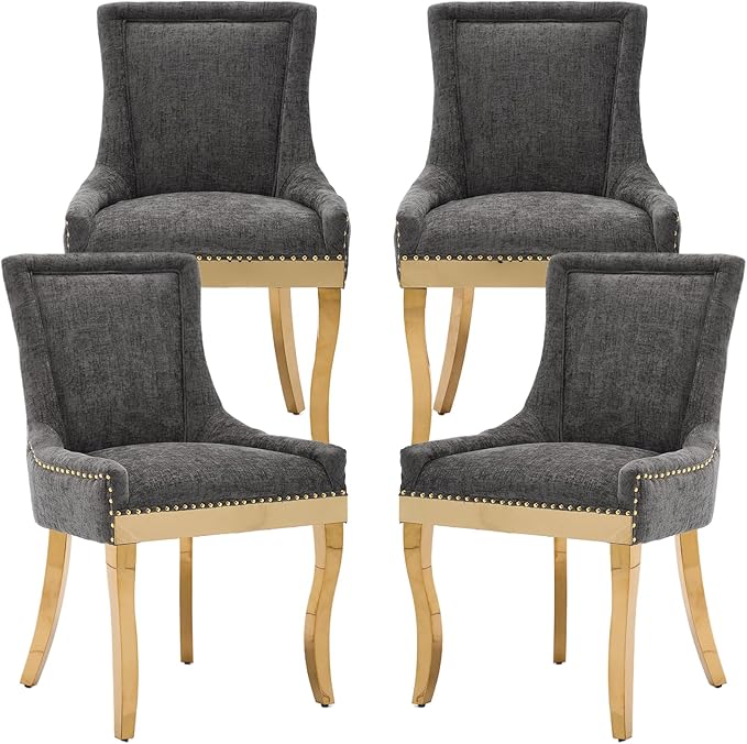 Dining Chairs Set of 4, Kitchen & Dining Room Chairs, Chenille Fabric Upholstered Dinning Chairs, Sillas De Comedor, Nailhead Trim, Metal Legs (Grey, 4 Pcs)