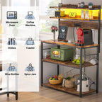 Aheaplus Bakers Rack with Power Outlet, Microwave Stand, 5 Tiers Coffee Bar Station with Led Lights, Kitchen Storage Shelf with 6 S-shaped Hooks, Kitchen Rack Coffee Bar Stand, Rustic Brown