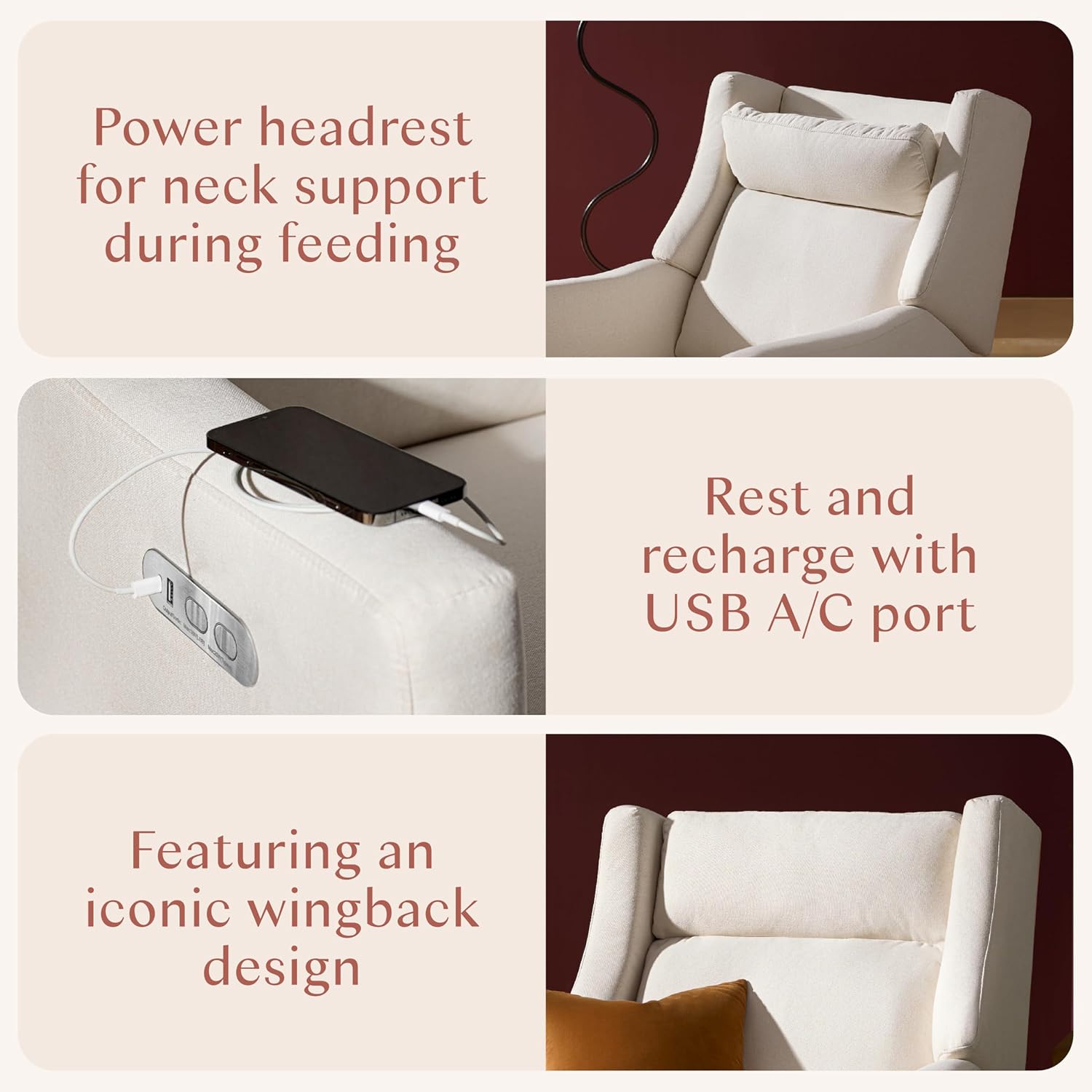 Babyletto Kiwi Plus Electric Recliner Glider in Performance Cream Eco-Weave | GREENGUARD Gold & CertiPUR-US Certified - Power Recliner Rocking Nursery Chair w/ USB Ports - 270° Swivel