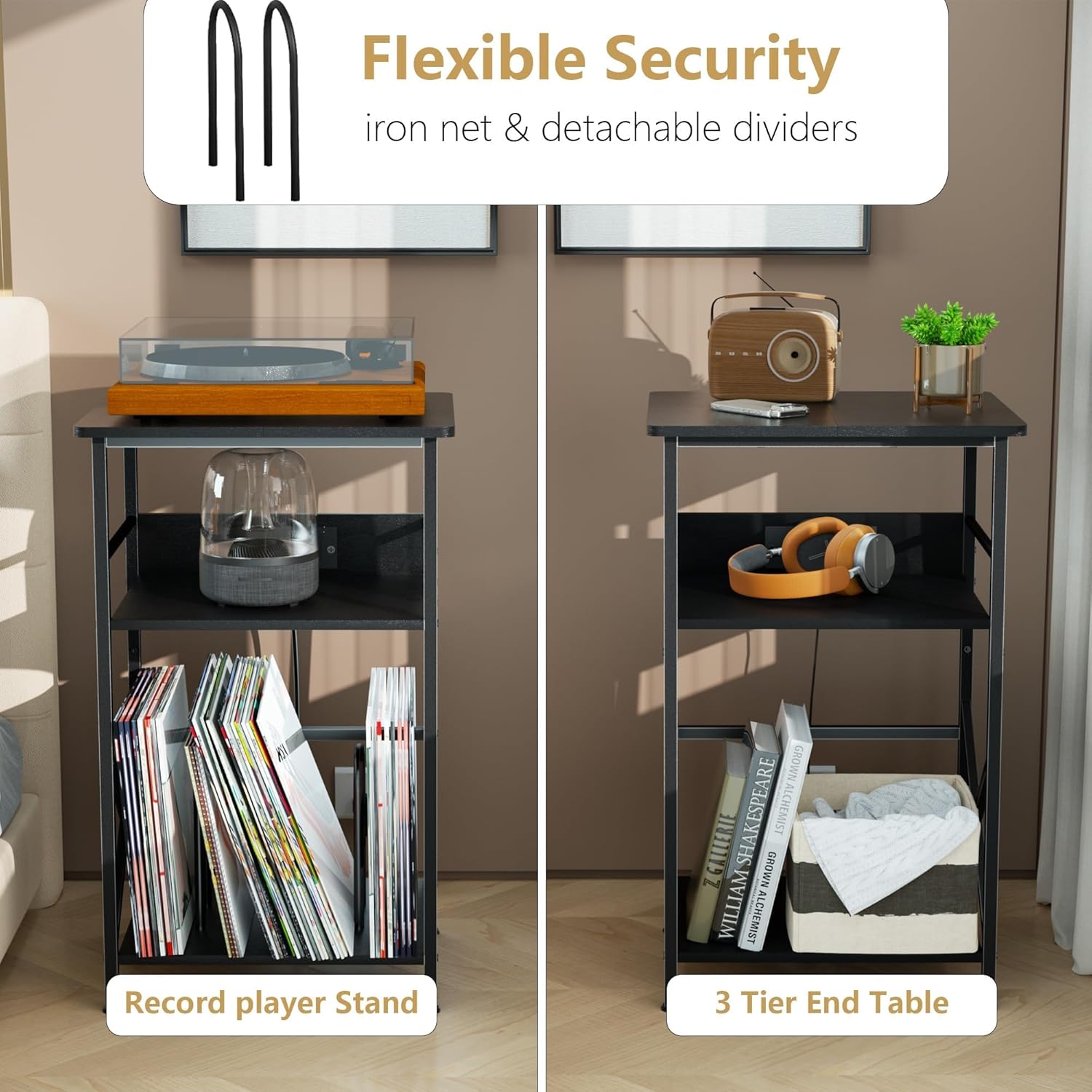 DALEMHOME Record Player Stand with Charging Station, 3-Tier Side Table for 100 Vinyl Storage, End Table for Living Room, Bedroom, Black HKET1002BK