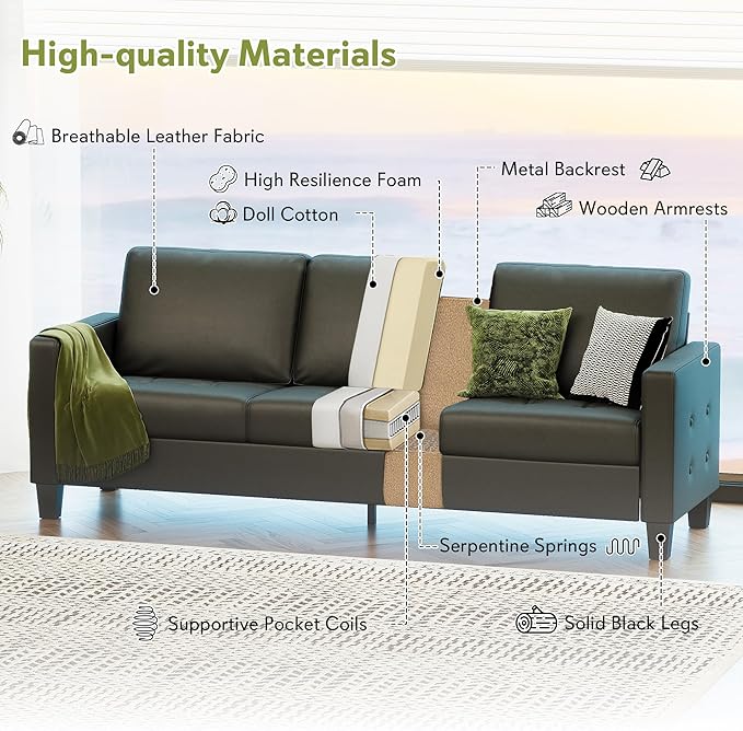 STHOUYN 73” Black Faux Leather Sofa Couch, Modern Comfy Office 3 Seater Couch Loveseat with Tufted Armrest and USB, Small Love Seat Couches for Living Room, Bedroom, Apartment