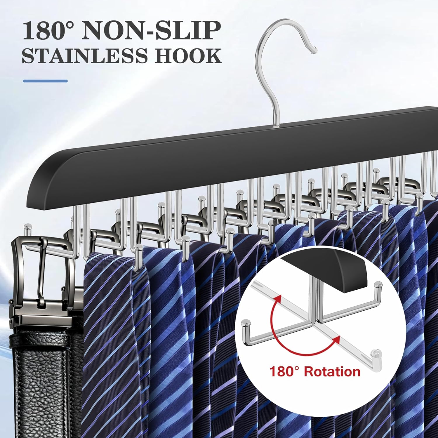 Tie Rack Hanger for Closet 20 Foldable Hooks, 1 Pack Wooden Non Slip Large Capacity Space Saving Tie and Belt Organizer with 360° Rotating Hooks for Tank Tops Bras Scarves Hat