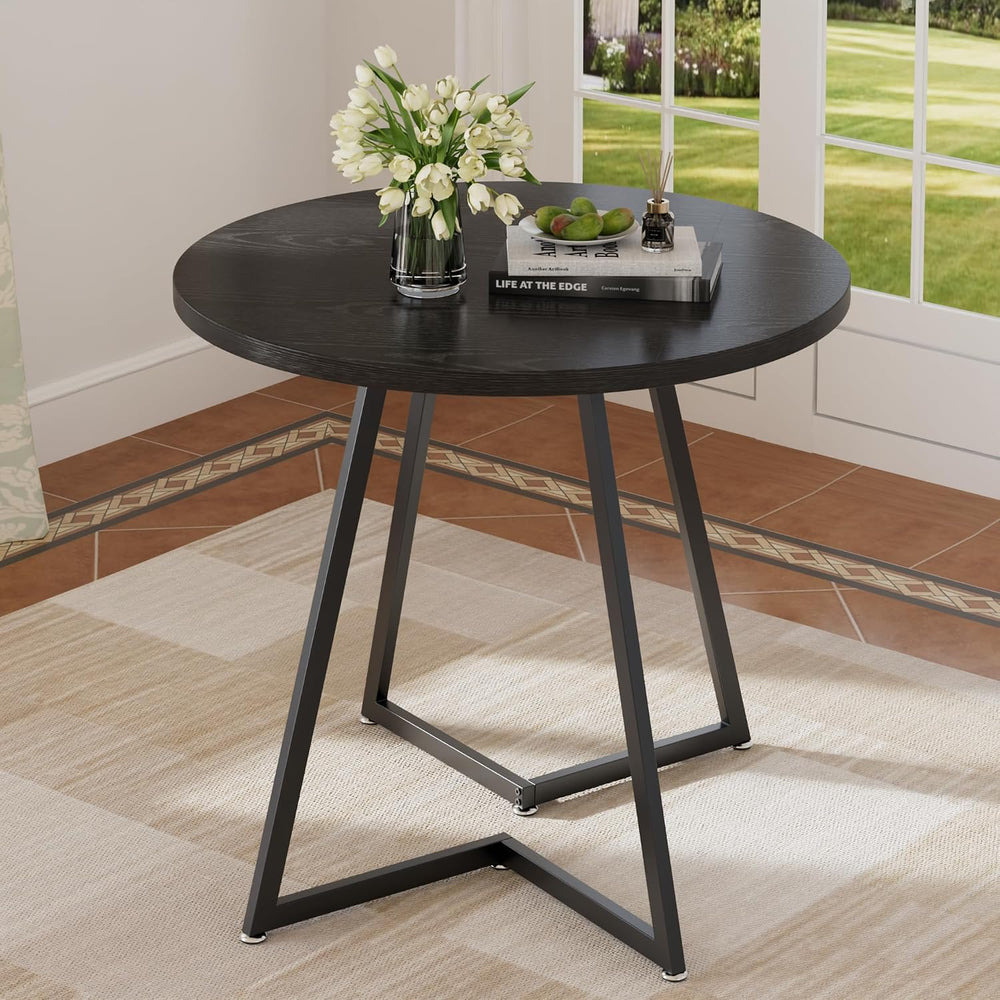 VECELO Round Dining Room Table with Wood Grain Tabletop and Steel Frame, for ...