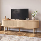 LINSY HOME 70" Fluted TV Stand for TVs up to 80 Inch, Mid Century Modern Entertainment Center with Storage Cabinet and Sliding Doors, Farmhouse Wood Media TV Console for Living Room, Bedroom, Oak