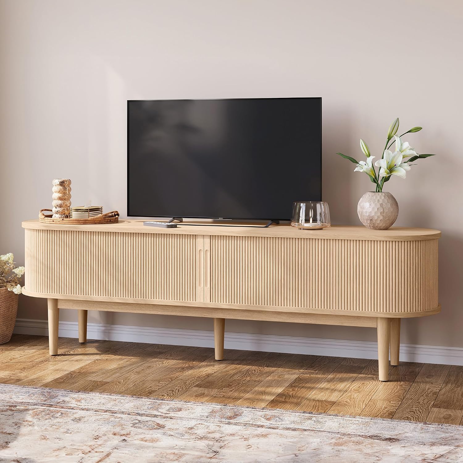 LINSY HOME 70" Fluted TV Stand for TVs up to 80 Inch, Mid Century Modern Entertainment Center with Storage Cabinet and Sliding Doors, Farmhouse Wood Media TV Console for Living Room, Bedroom, Oak