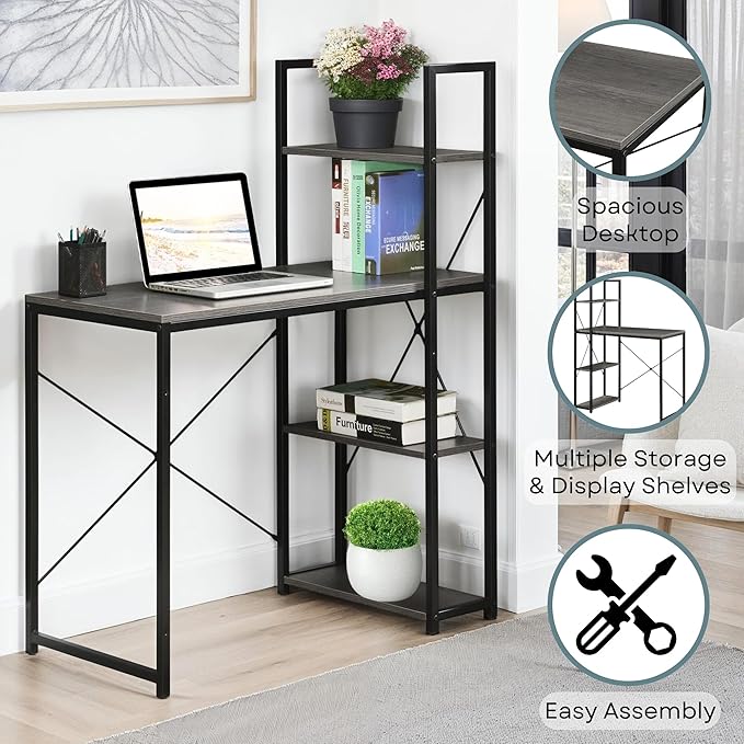 Convenience Concepts Desigsn2Go Office Workstation Desk 36" - Modern, Contemporary Writing Accent with Storage Shelves for Dorm Room & Home Study, Charcoal Gray
