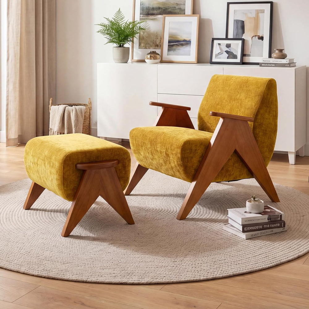 Linen Padded footstools Mid Century Modern Ottoman with Wood Frame, Lounge Up...