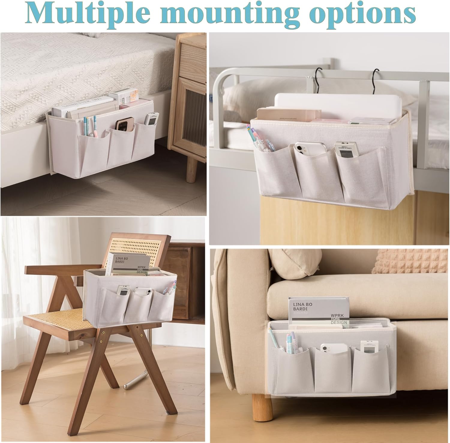 Bedside Caddy / Bedside Storage Organizer Hanging Bag with Three Options,Suitable for home beds, sofas, and dormitory beds—can hold magazines, books, phones, iPads, remote controls. (White)