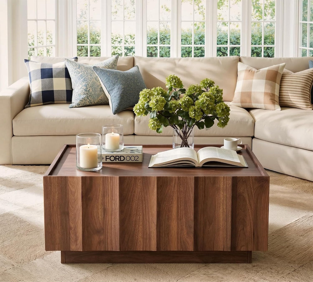 win2win Square Coffee Table with Storage, Wave Design, Walnut