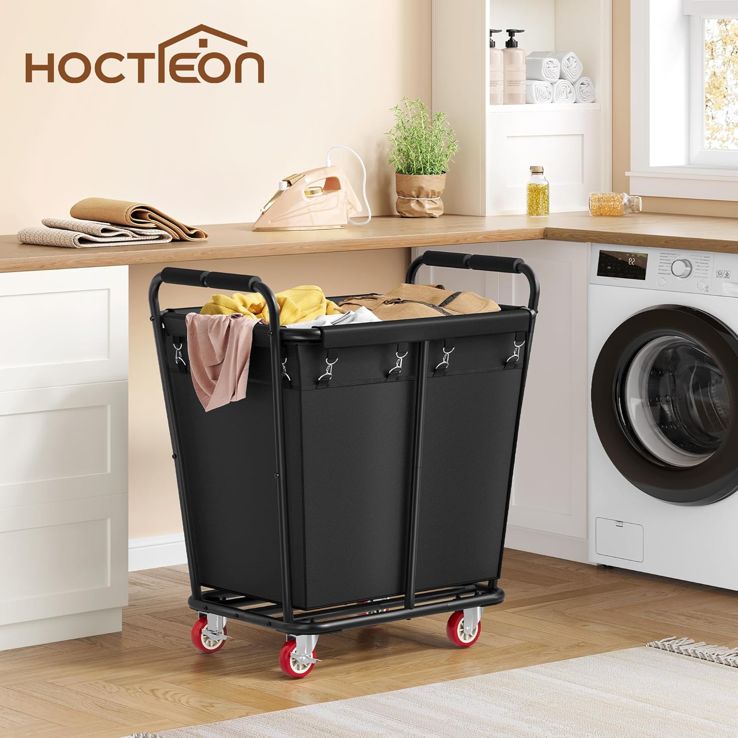 Hoctieon Large Laundry Cart with Wheels, 300L Heavy Duty Laundry Basket Organizer, Rolling Hamper Sorter for Clothes Storage, Industrial Dirty Clothes Hamper for Home & Hotel, Black