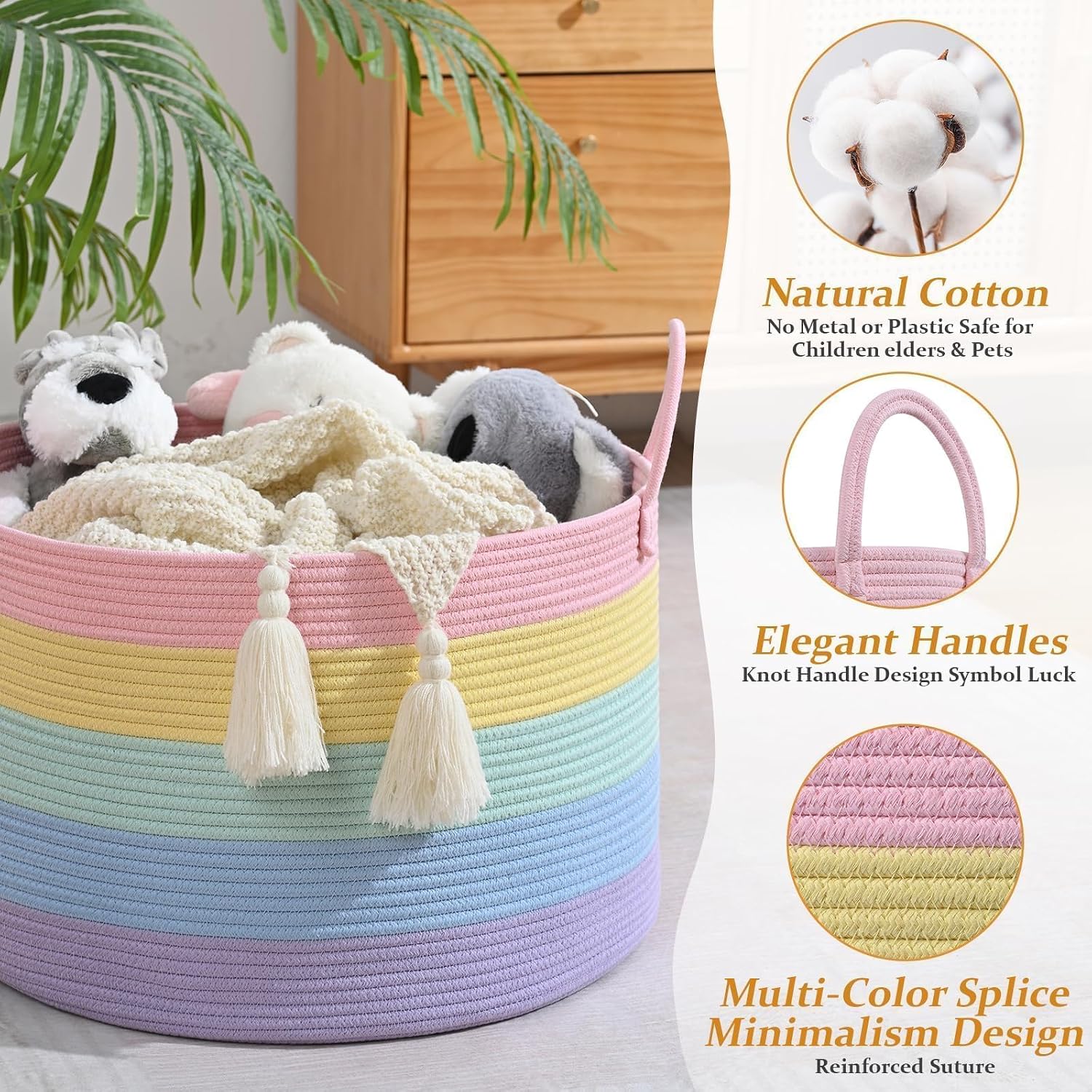 67L Large Rainbow Blanket Basket, Cotton Rope Baby Laundry Hamper with Handles, Kids Toy Basket for Classroom & Nursery, Soft Round Stuffed Animal Storage, Dog Toy Bin - 20"x13", Light Rainbow