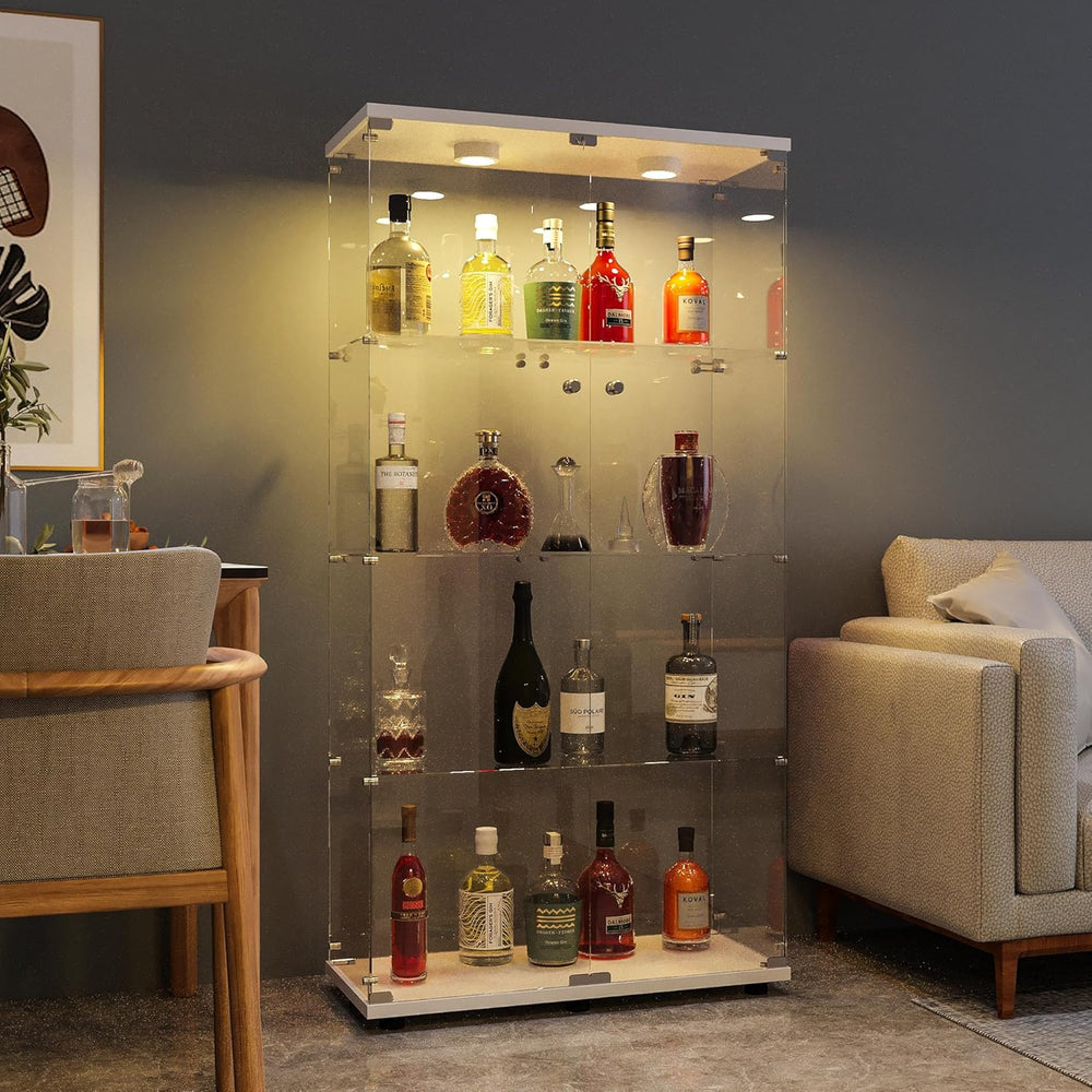 FANYUSHOW Display Cabinet with Glass Door and LED Light, 4-Tier Tempered Glas...