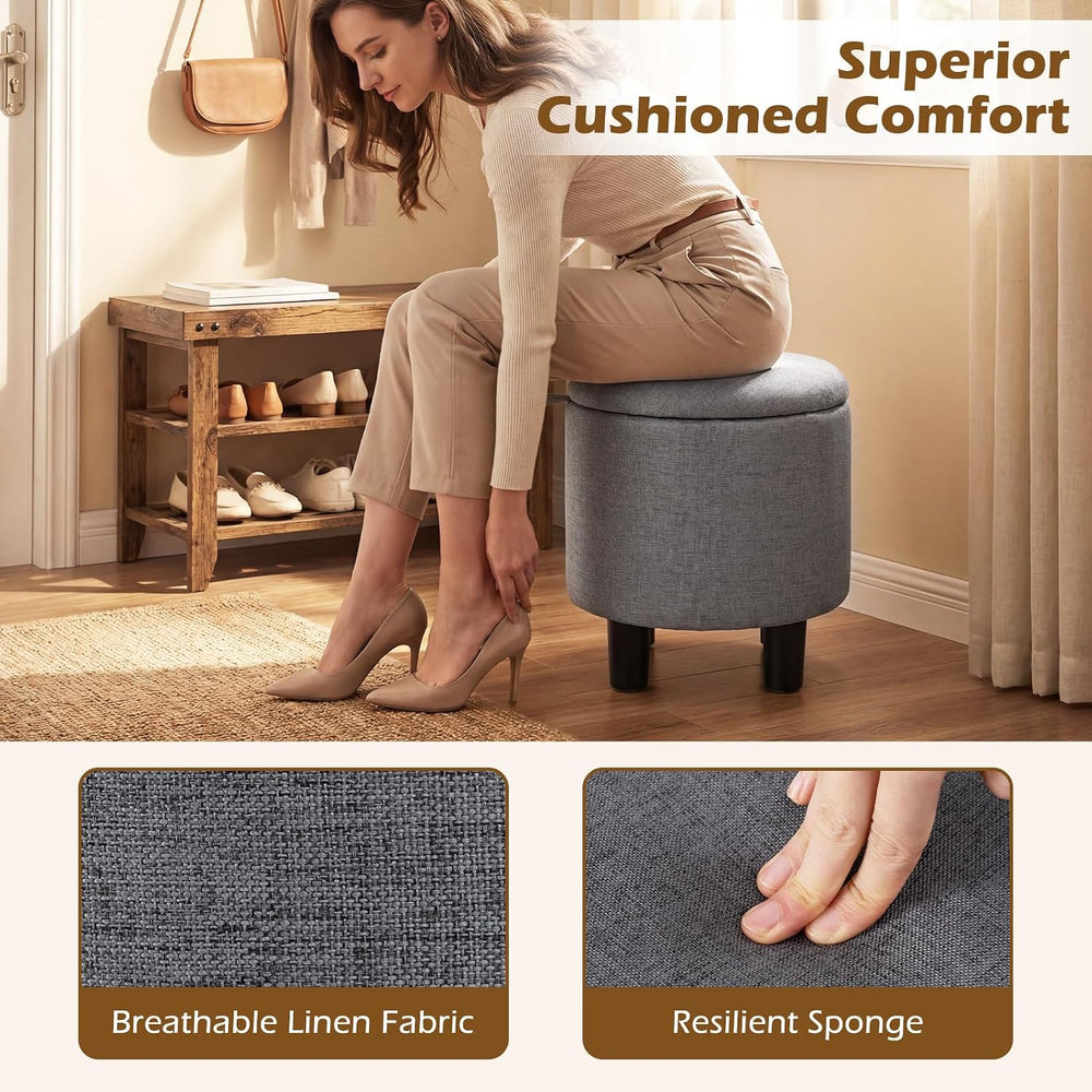 GIANTEX Linen Fabric Round Storage Ottoman with Removable Lid, Gray | Upholst...