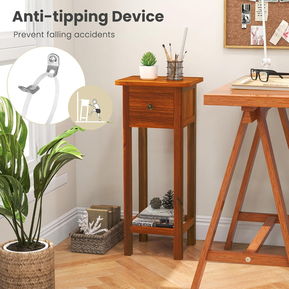 Giantex Narrow End Table with Drawer Set of 2, Tall Acacia Wood Side Table wi...