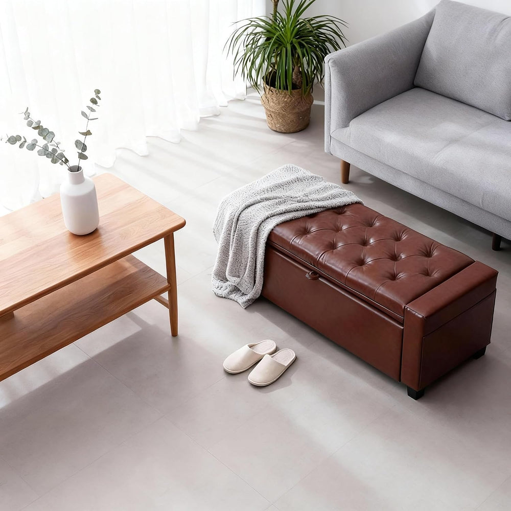43.31'' Storage Ottoman Bench, Leather Upholstered Tufted Bedroom Ben...