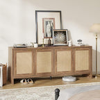 61.5" Rattan TV Stand for TVs up to 65 Inch, 4-Door Boho Entertainment Center with Reinforced Storage Shelf, Modern Media Console & Storage Cabinet for Living Room, Bedroom, Walnut