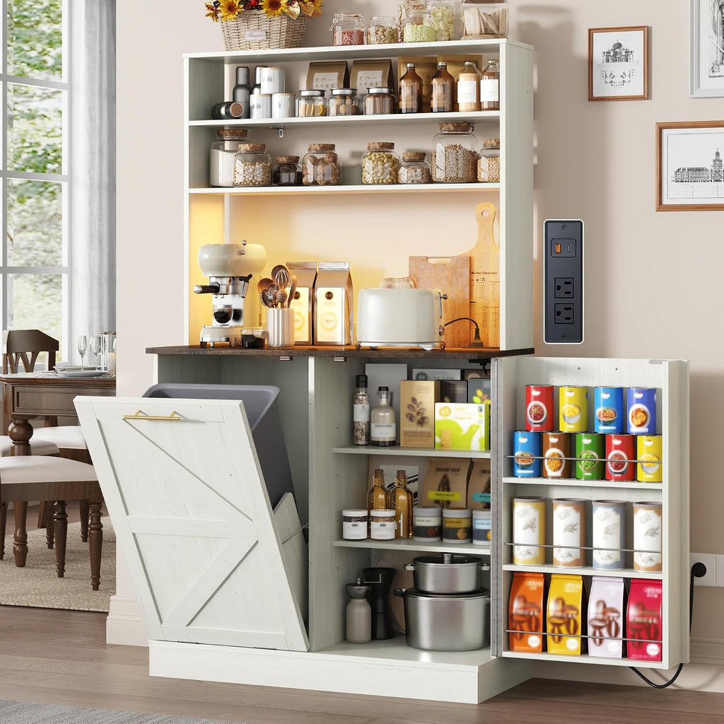 63" H Pantry Cabinets with 10 Gallon Trash Can,Led Light,Outlet,35" W Kitchen Hutch with Tilt Out Trash Can Cabinet,Farmhouse Cupboard with Large Countertop for Living Room,Dining Room,Antique White