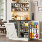 63" H Pantry Cabinets with 10 Gallon Trash Can,Led Light,Outlet,35" W Kitchen Hutch with Tilt Out Trash Can Cabinet,Farmhouse Cupboard with Large Countertop for Living Room,Dining Room,Antique White