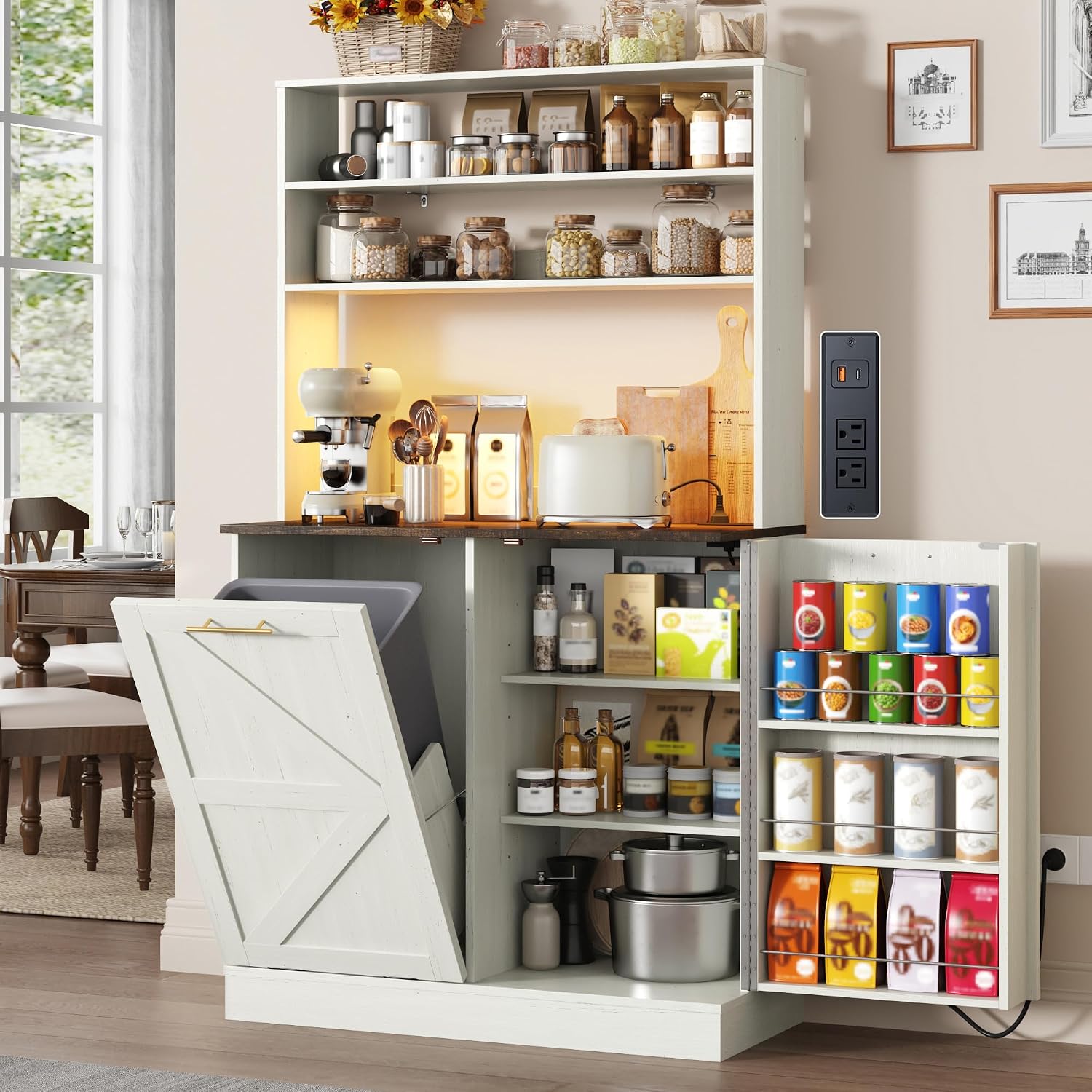 63" H Pantry Cabinets with 10 Gallon Trash Can,Led Light,Outlet,35" W Kitchen Hutch with Tilt Out Trash Can Cabinet,Farmhouse Cupboard with Large Countertop for Living Room,Dining Room,Antique White