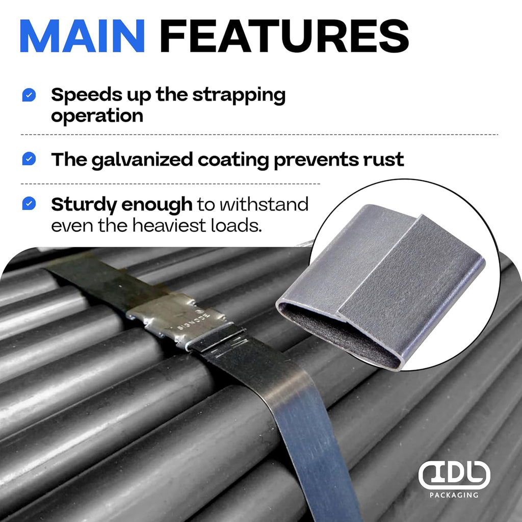 IDL Packaging Closed (Push Type) Seals for 5/8" Strap Width Steel Strapping (Pack of 100) - Superior Holding Power - Sturdy Metal Clips for Reliable Securing of Packaging Banding