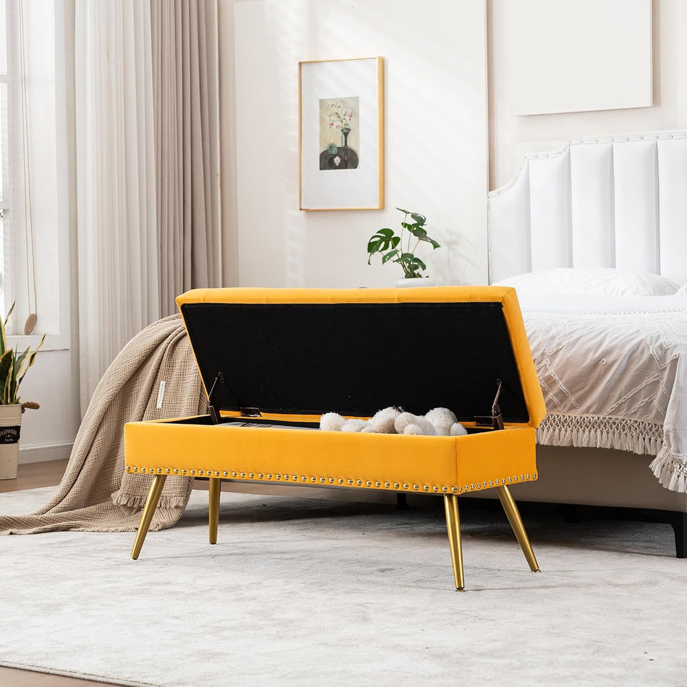 40" Mustard Yellow Velvet Storage Bench with Gold Legs Nailhead Trim | T...