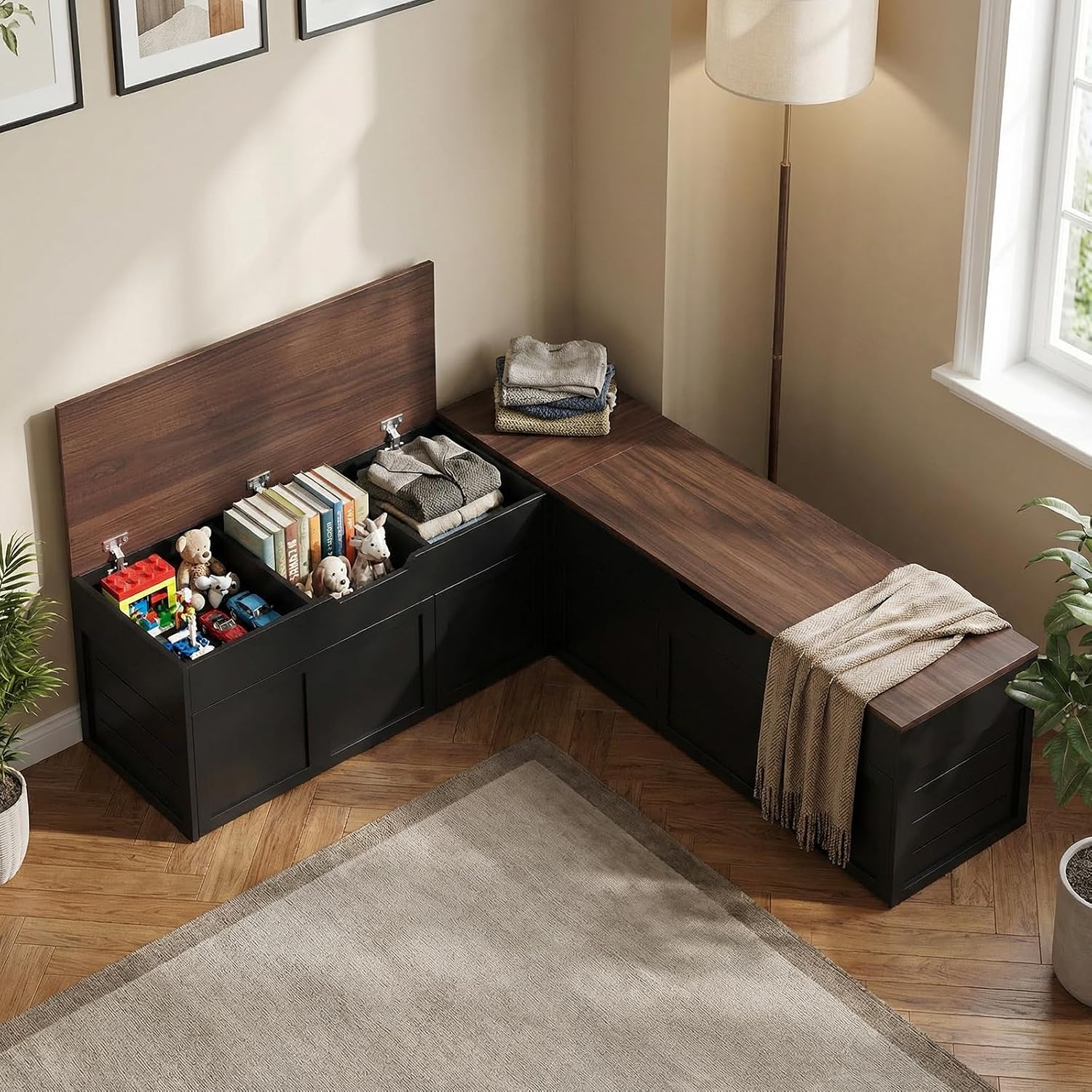 Kikihouse L-Shaped Corner Storage Bench with Cushion, Backless Wood Bench with Hidden Storage, for Dining Nook, Kitchen, Entryway, Cloakroom (White+Walnut (No Cushion))