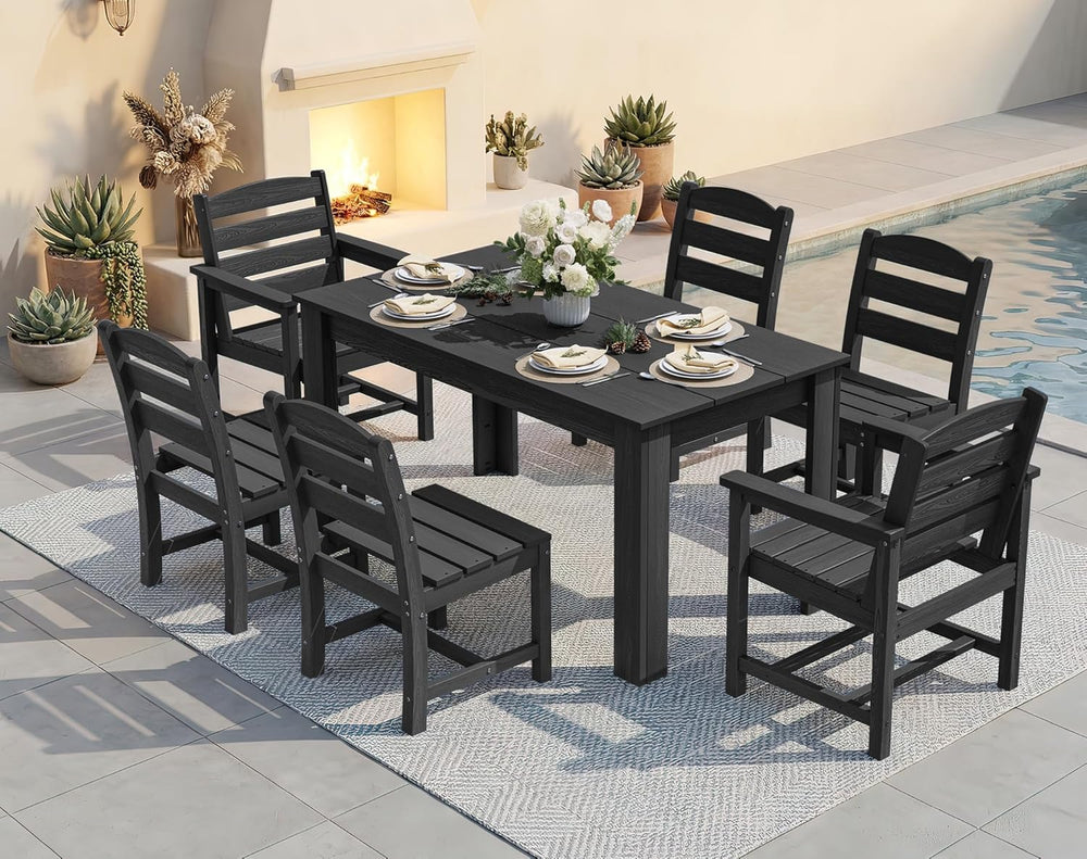 SERWALL HDPE Dining Set for 6: 1 Umbrella Hole Table, 4 Armless + 2 Armchairs...
